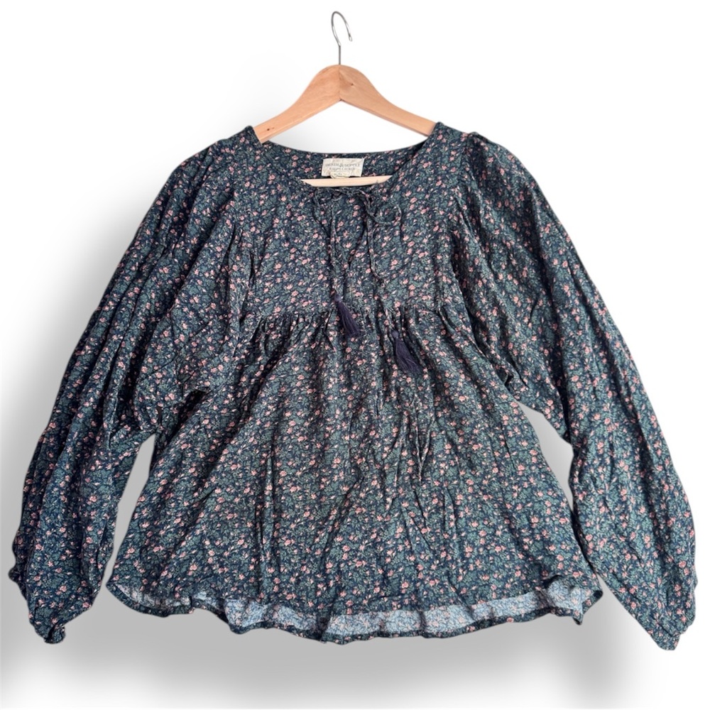 Ralph Lauren Denim & Supply Boho Peasant Tassel Green Floral Women’s S Blouse - Picture 2 of 8